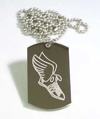 RUNNERS TENNIS SHOE WITH WINGS DOG TAG NECKLACE STAINLESS STEEL MOTIVATIONAL